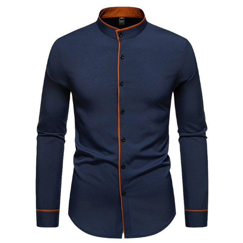 Herren Langarmhemd mit modernem Stehkragen und gesticktem Detail R&B