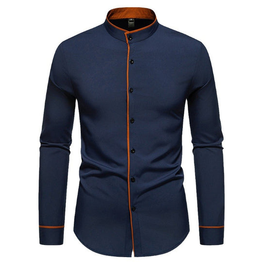 Herren Langarmhemd mit modernem Stehkragen und gesticktem Detail R&B