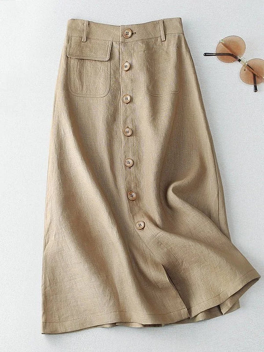 Damen Langer Leinenrock mit Knopfdetails und Taschen R&B
