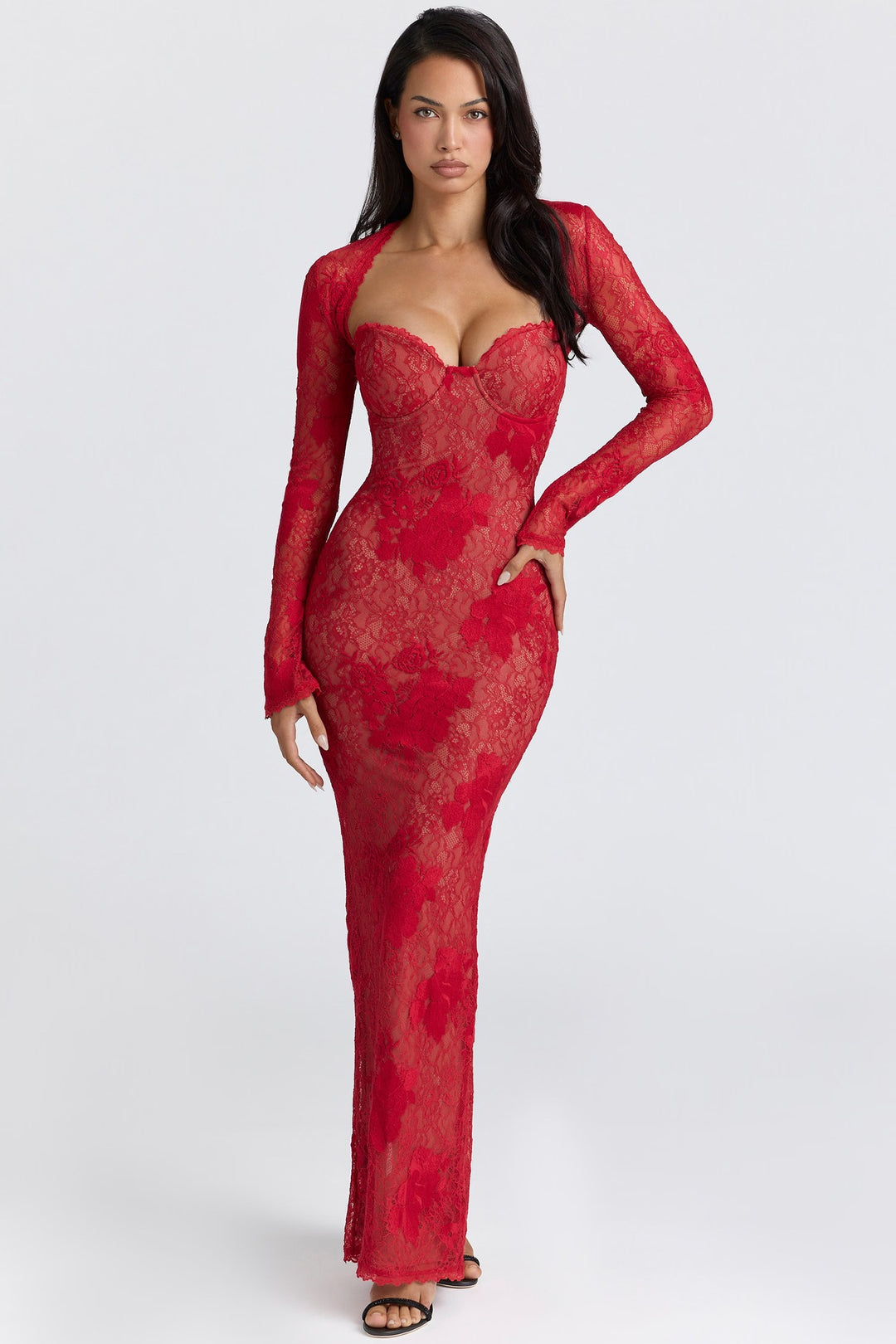 Damen Elegantes Spitzenabendkleid mit langem Arm und verführerischem Schnitt R&B