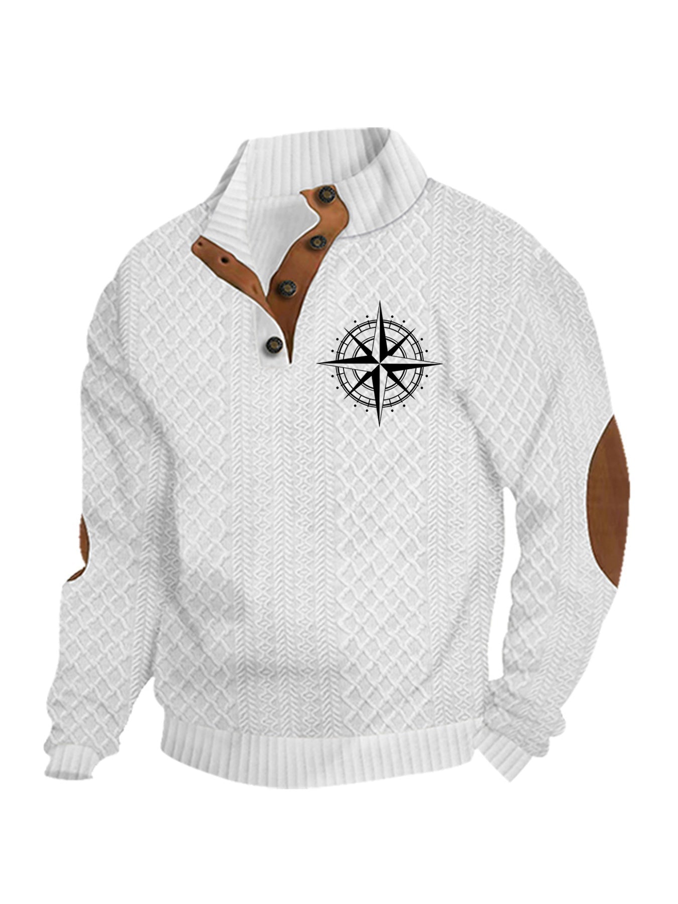 Herren nan Heritage-Strukturpullover mit Stehkragen Lederimitat-Besatz Ellenbogen-Patches und Halbknopfleiste R&B