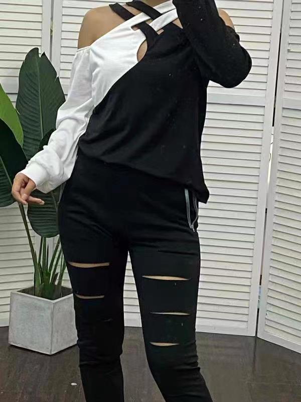 Damen asymmetrisches Oberteil mit freiem Schulterdesign und verbindenden Trägern R&B