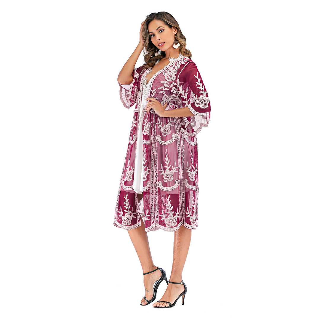 Damen elegante Häkel-Strandrobe mit voluminösen Ärmeln und floralem Design R&B