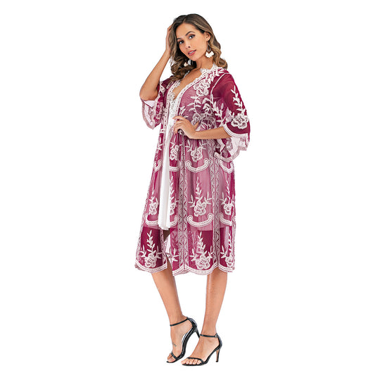 Damen elegante Häkel-Strandrobe mit voluminösen Ärmeln und floralem Design R&B