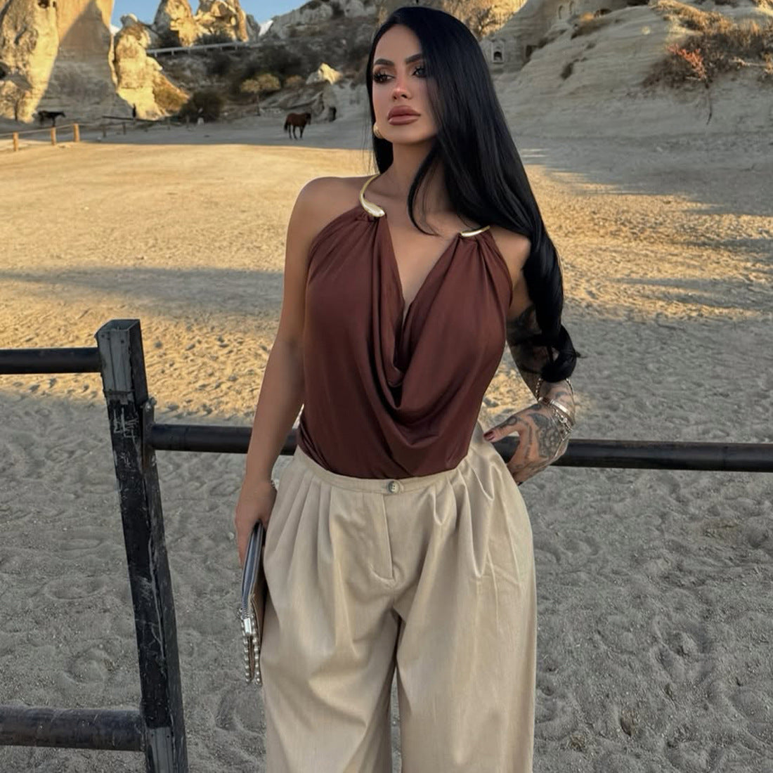 Damen Wickeltop mit raffiniertem Ausschnitt und eleganter Drapierung R&B