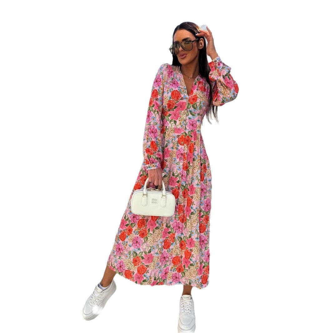 Damen Maxi-Kleid mit floralen Musterdetails und elegantem V-Ausschnitt R&B