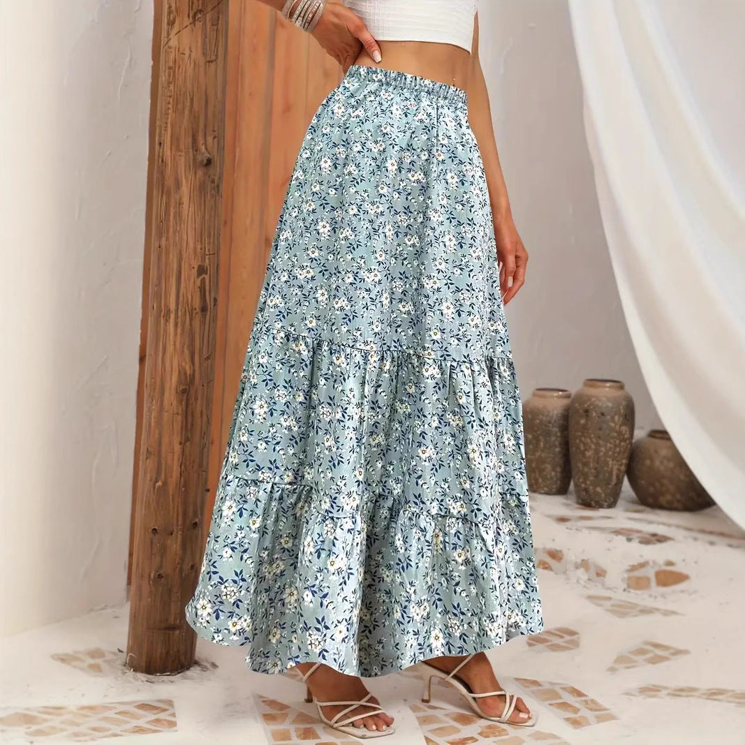 Damen Langer Blütenmuster Rock mit hoher Taille und Rüschensaum R&B