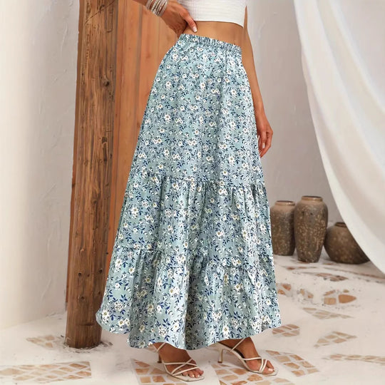 Damen Langer Blütenmuster Rock mit hoher Taille und Rüschensaum R&B