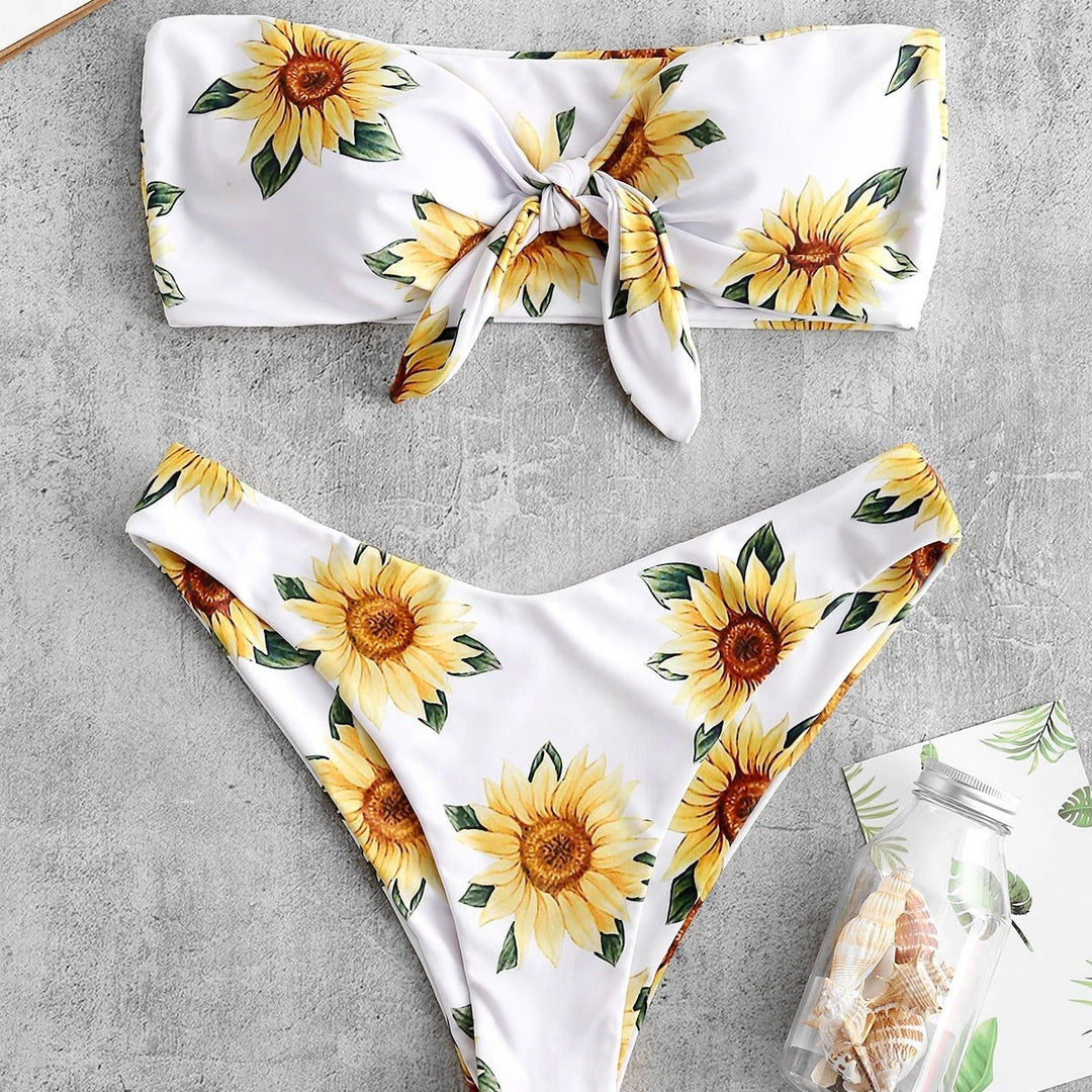 Damen Bandeau-Bikini mit floralem Design und praktischen Knoten R&B