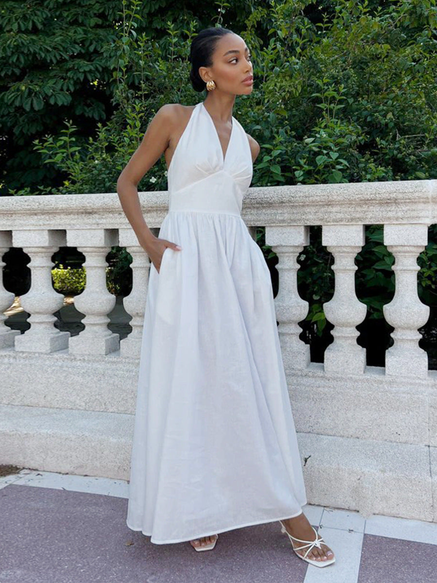 Damen Elegantes Maxikleid mit Halterneck-Design und fließendem Rock R&B