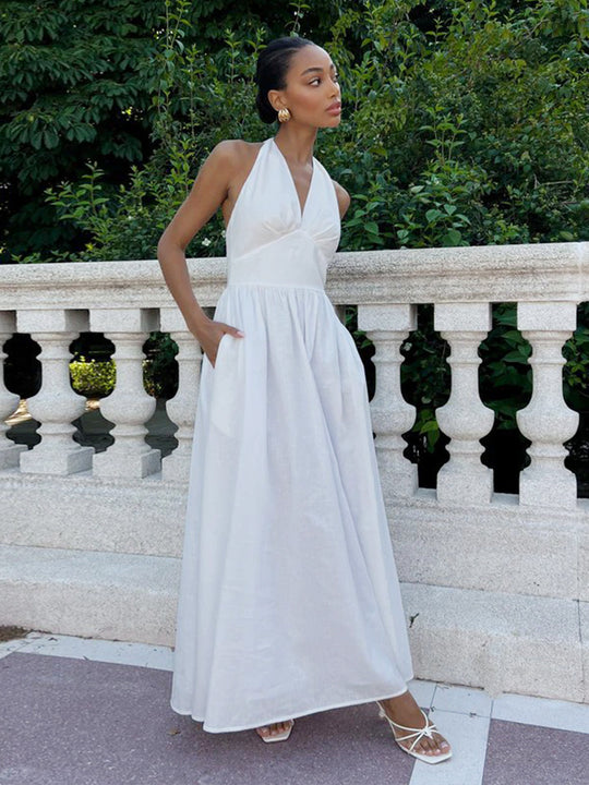 Damen Elegantes Maxikleid mit Halterneck-Design und fließendem Rock R&B
