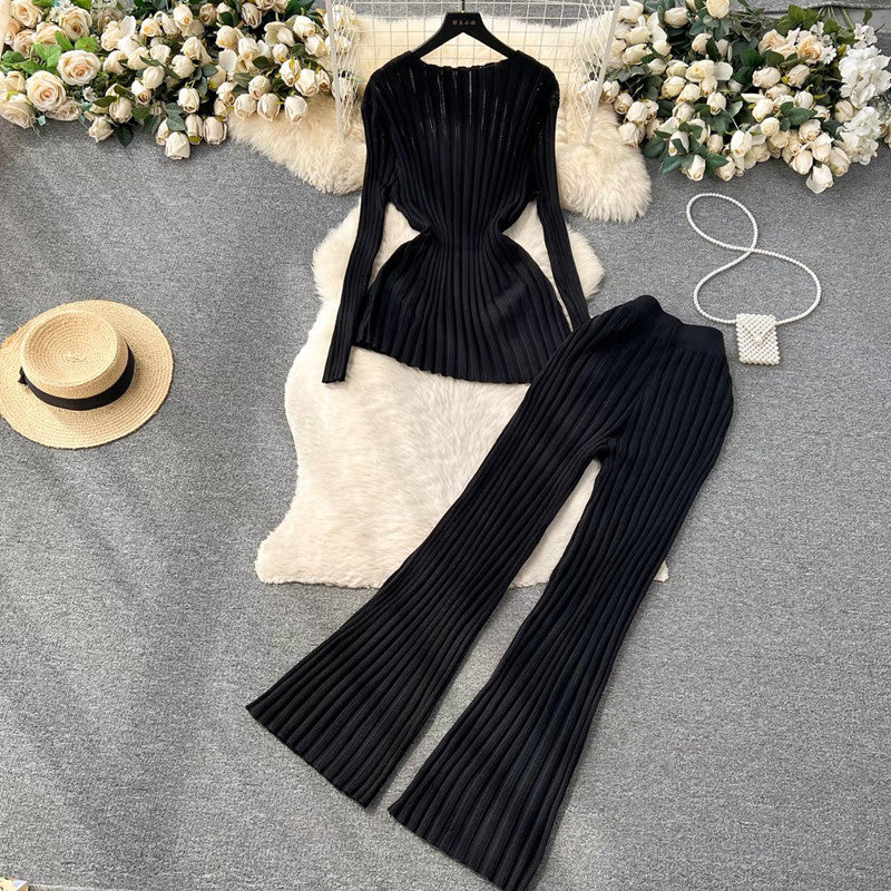 Damen modisches Strick-Loungewear-Set mit schmeichelnden Rippdetails R&B