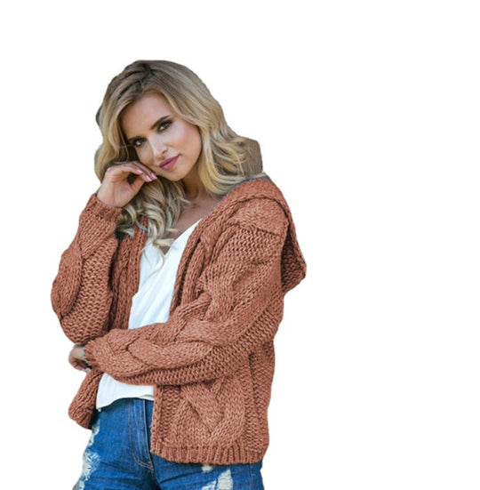 Damen Strickjacke mit Kapuze und modernem Zopfmuster R&B