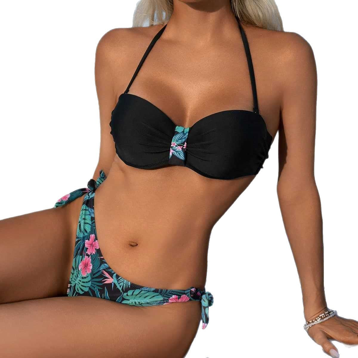 Damen Bandeau-Bikini mit floralen Akzenten
