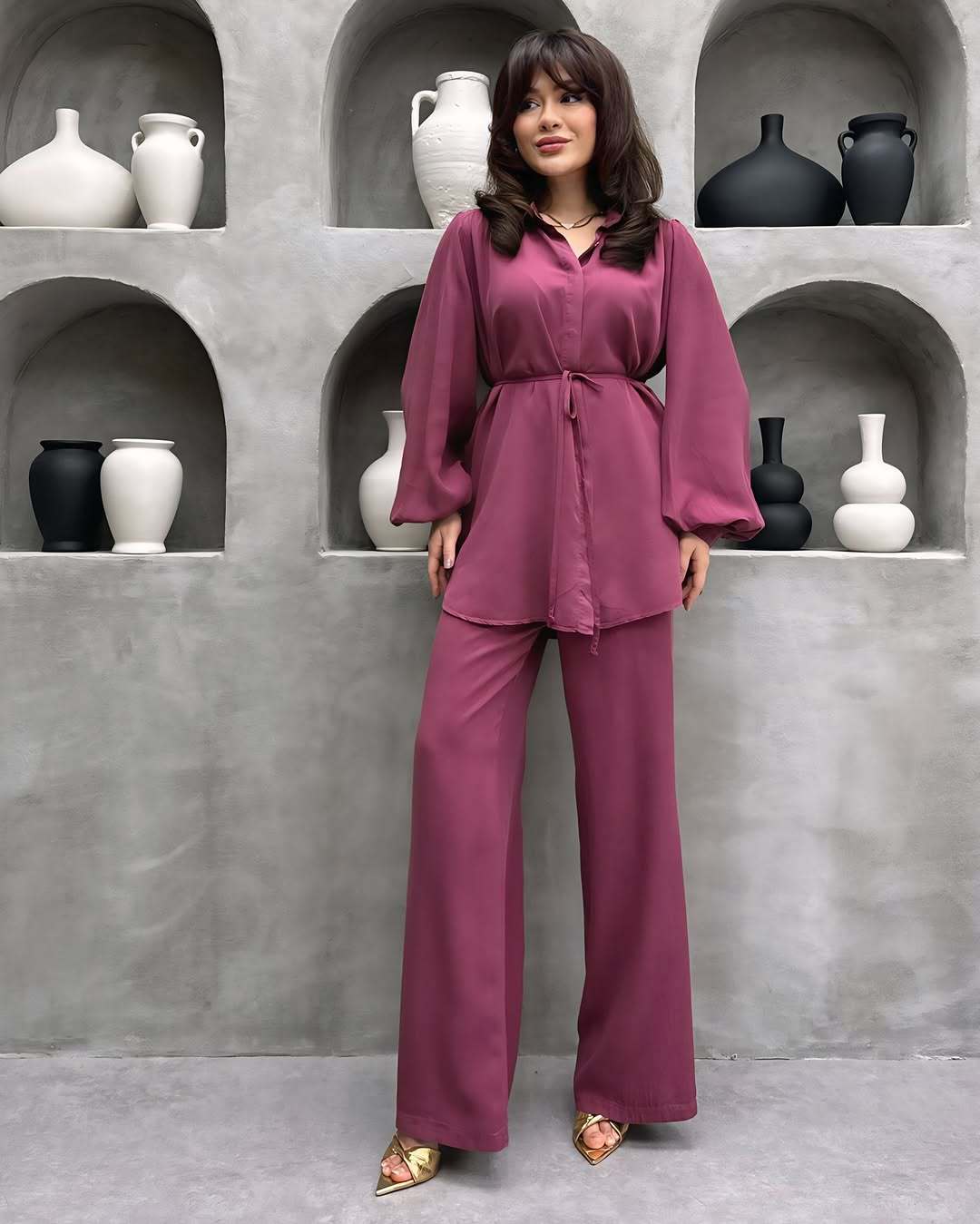 Damen elegantes Set mit langer Bluse und weitem Hosen R&B
