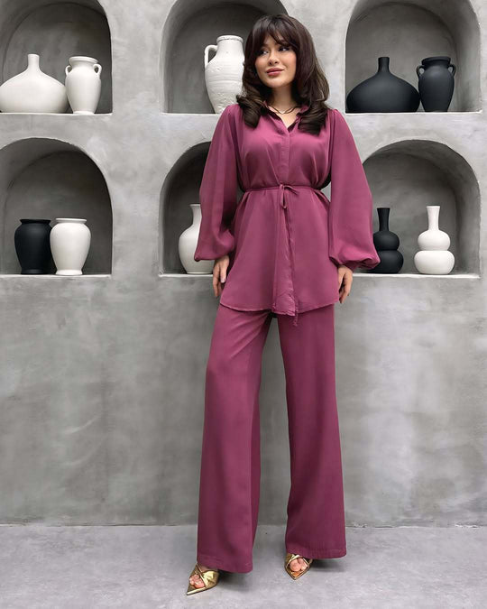 Damen elegantes Set mit langer Bluse und weitem Hosen R&B