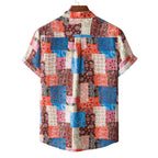 Herren Kurzarmhemd im bunten Patchwork-Design mit Henley-Ausschnitt