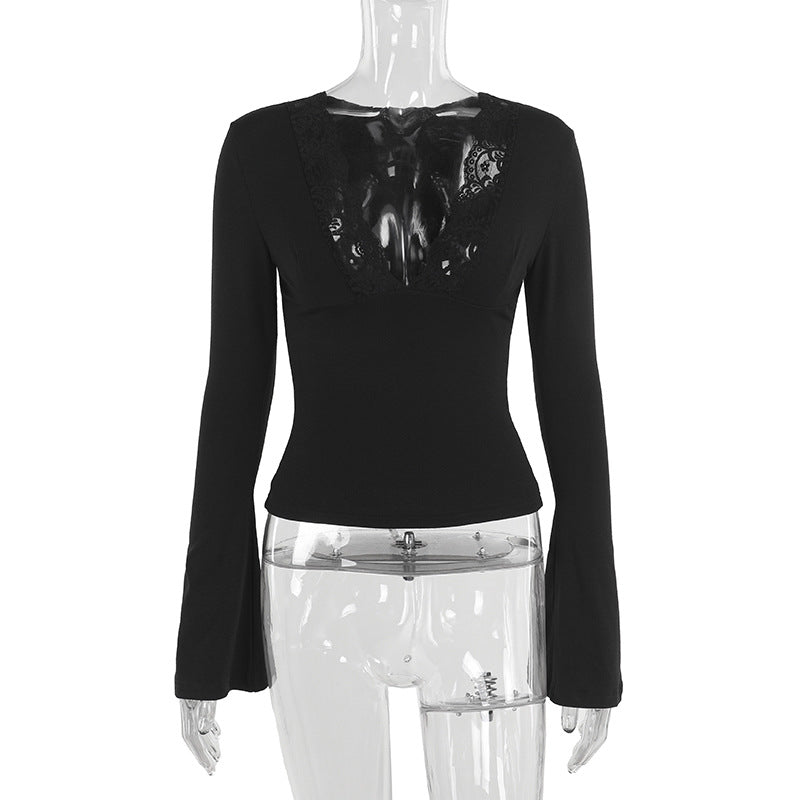 Damen elegant geschnittenes Langarmtop mit Spitzenbesatz R&B