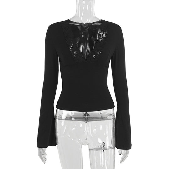 Damen elegant geschnittenes Langarmtop mit Spitzenbesatz R&B