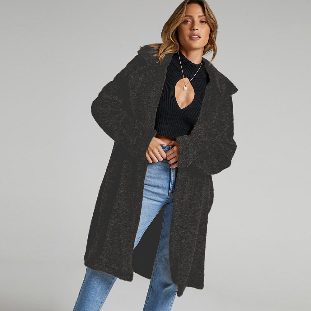 Damen Lange, flauschige Teddy-Jacke mit Revers R&B
