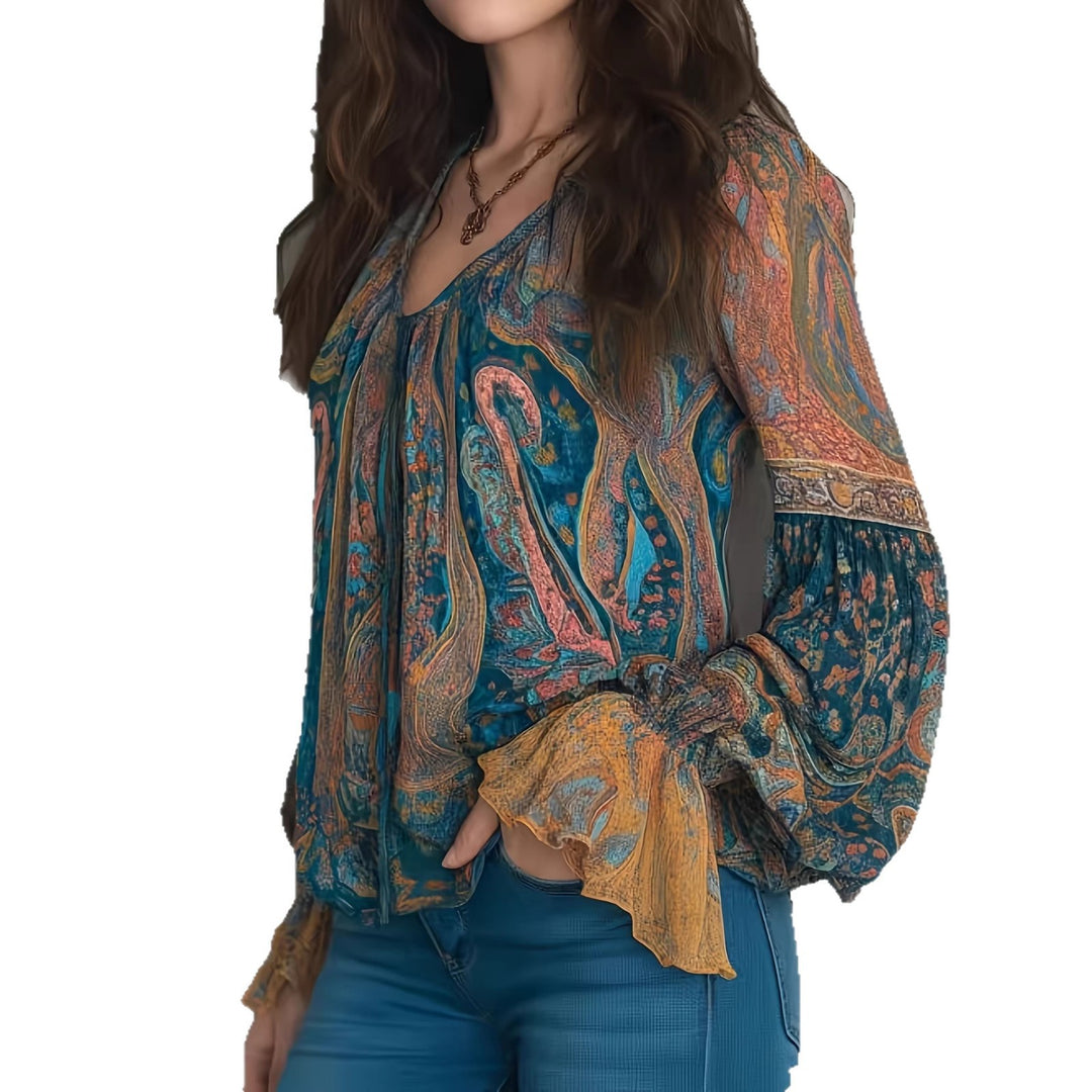 Damen Boho-Chic Bluse mit geflammten Ärmeln und V-Ausschnitt R&B
