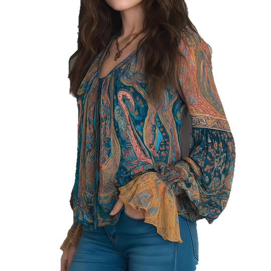 Damen Boho-Chic Bluse mit geflammten Ärmeln und V-Ausschnitt R&B