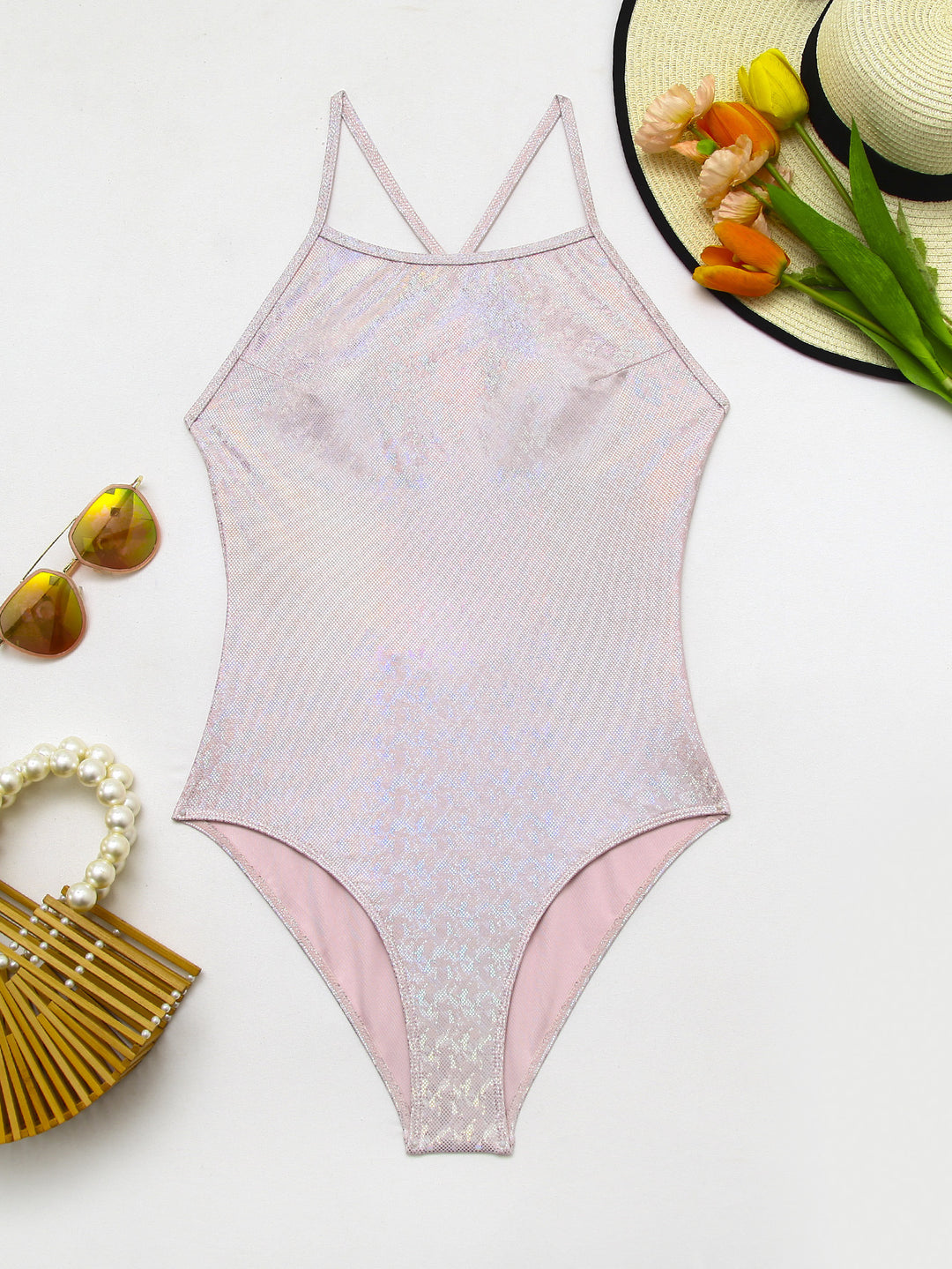 Damen Einteiliger Badeanzug mit schimmerndem Finish R&B