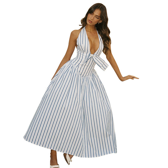 Damen Maxi-Kleid mit lässigem Halterneck und verspieltem Bogen R&B