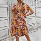 Damen Midikleid mit floralem Muster und modernem V-Ausschnitt R&B