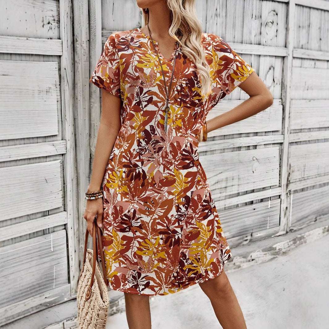 Damen Midikleid mit floralem Muster und modernem V-Ausschnitt R&B