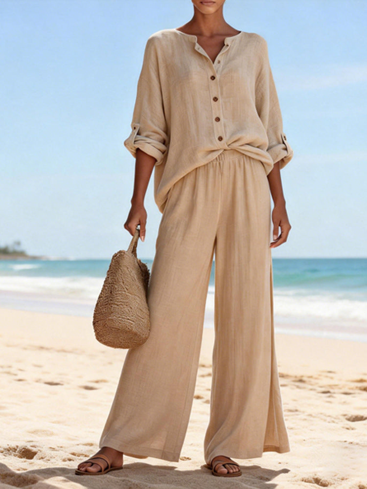 Damen Luftige Leinenbluse und weite Hose R&B