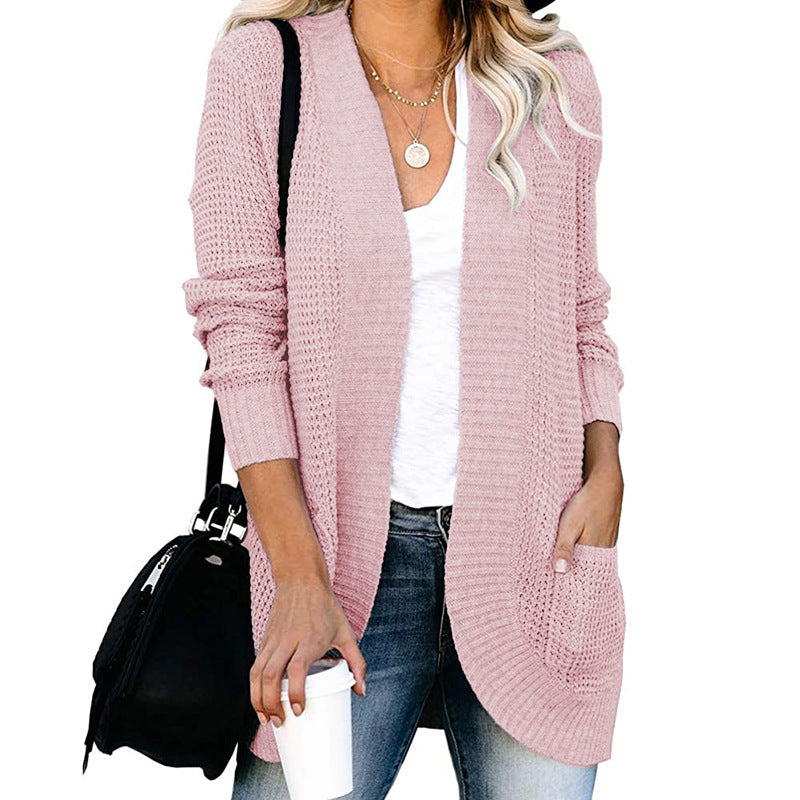 Damen lässige Strickjacke mit offenen Ärmeln und praktischen Taschen R&B