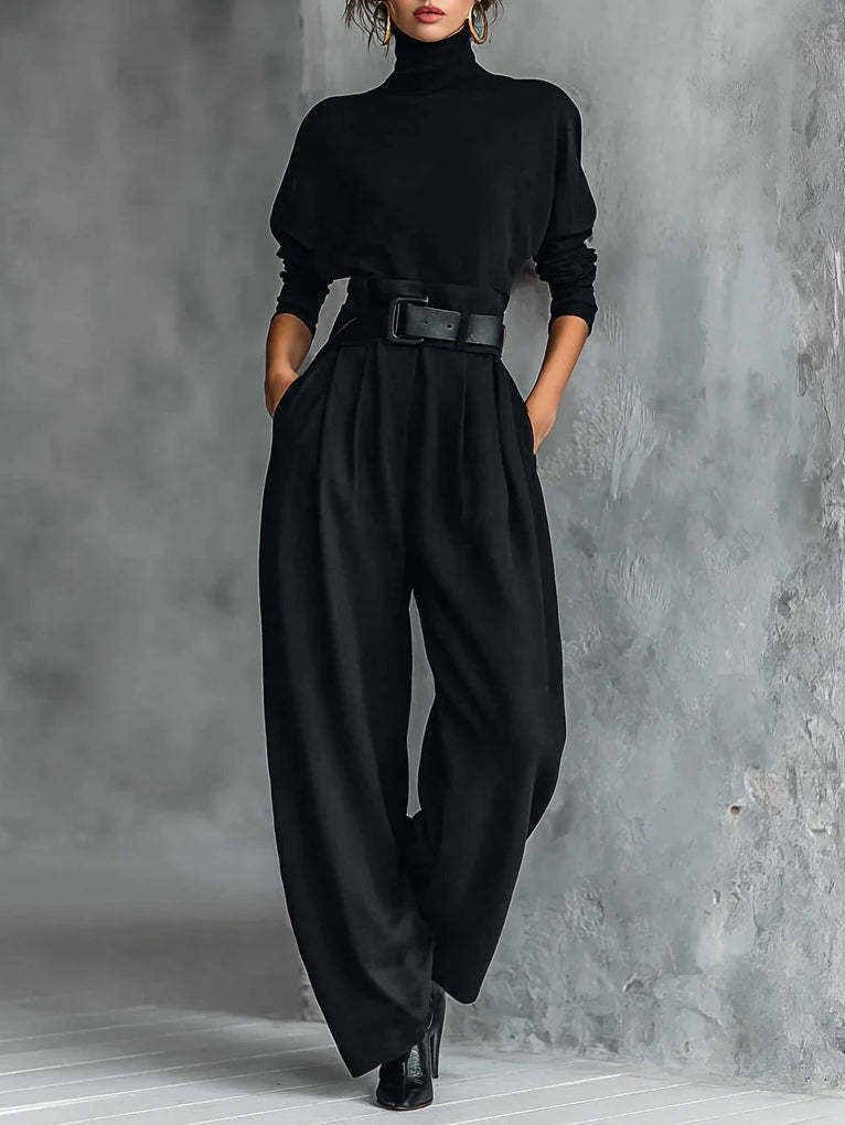 Damen nan elegante hochgeschnittene Plisseehose mit weitem Bein und Rollkragen-Feinstricktop R&B