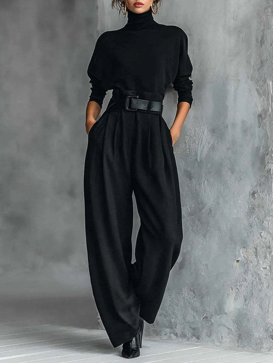 Damen nan elegante hochgeschnittene Plisseehose mit weitem Bein und Rollkragen-Feinstricktop R&B