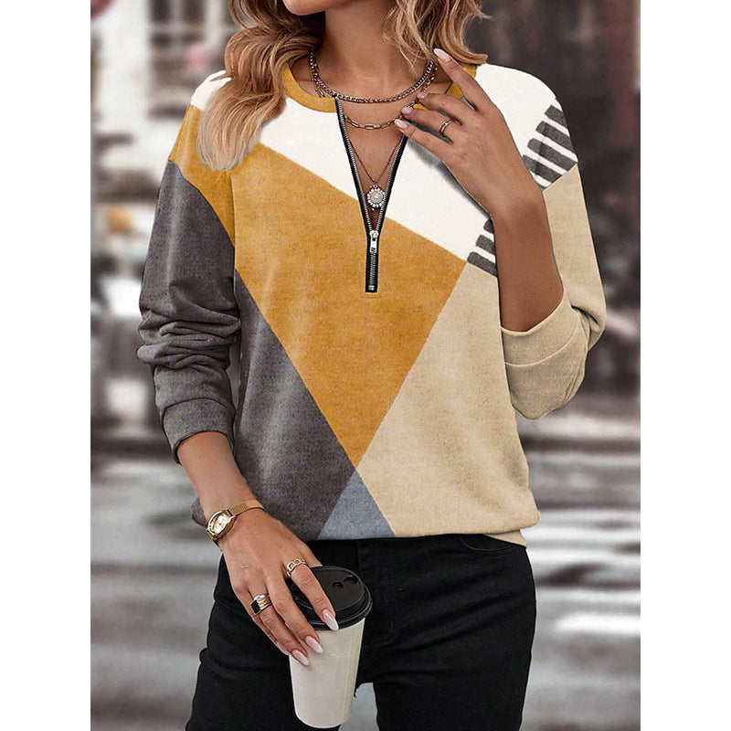 Damen Sportlicher Sweatshirt mit halbem Reißverschluss und trendigem Kontrast-Design R&B
