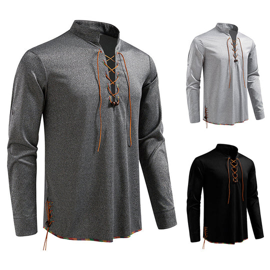 Herren Langarmshirt mit Kordelzug und Stehkragen R&B