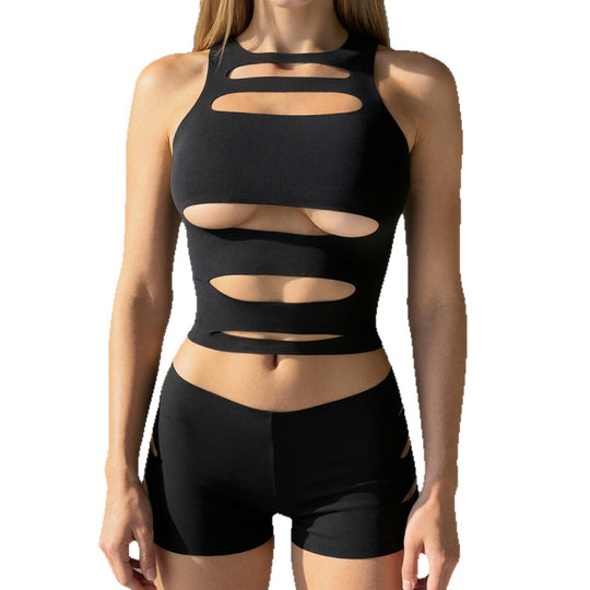 Damen Sportliches Crop-Oberteil und Shorts-Set mit dekorativen Cut-Outs R&B