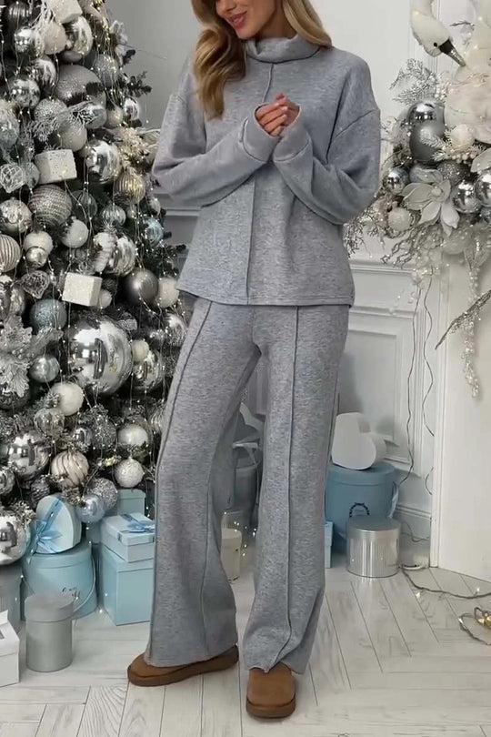 Damen Fleece-Lounge-Set mit modernem Stehkragen und weitem Schnitt R&B