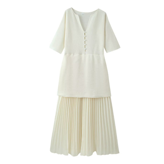 Damen plissiertes Midi-Kleid mit eleganter Knopfleiste und V-Ausschnitt R&B