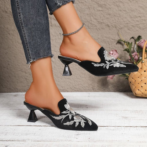 Damen elegante Mules mit zarten Blumenstickereien R&B