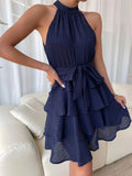 Damen Hochgeschlossenes Volantkleid mit Taillengürtel R&B