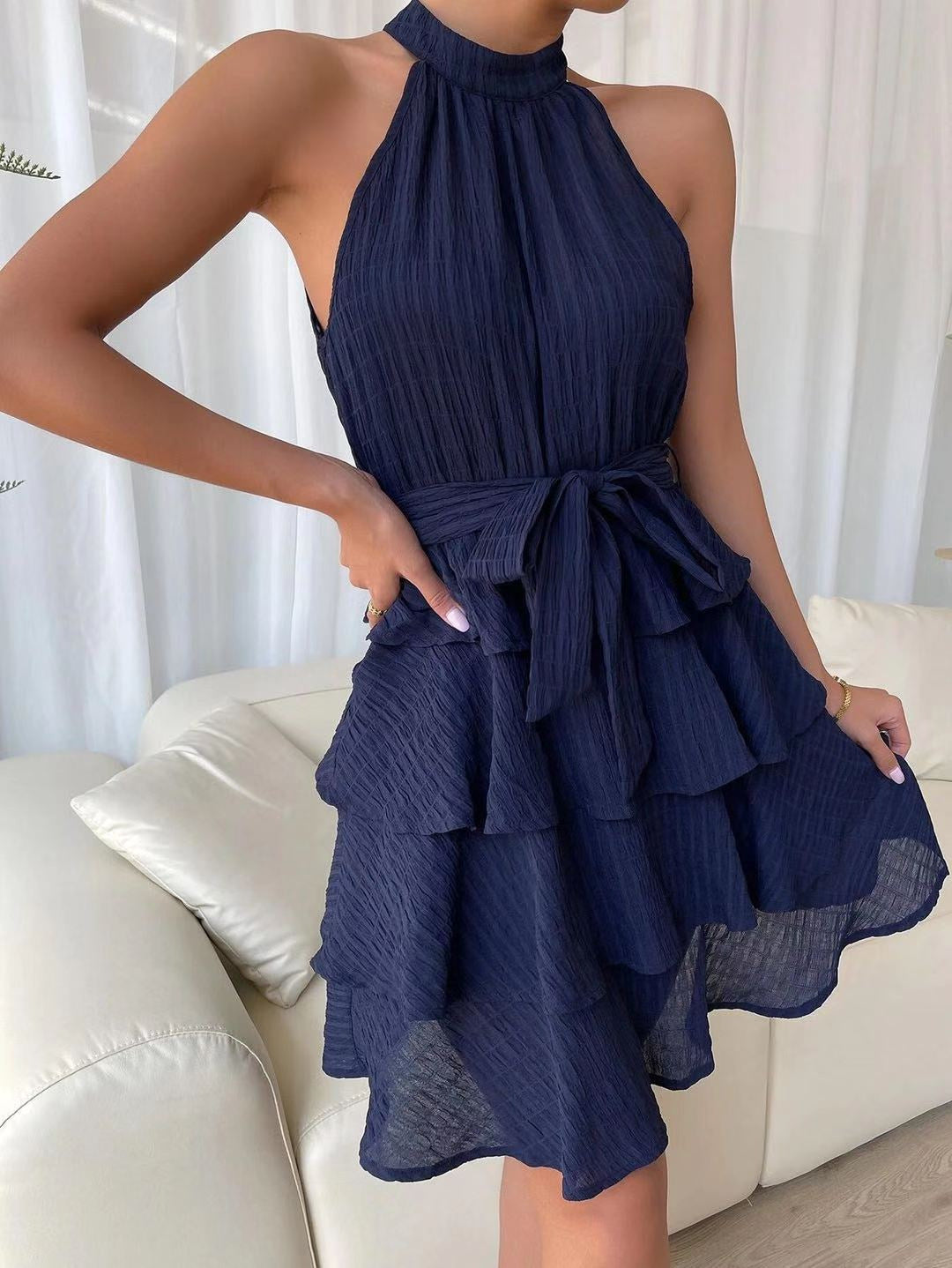 Damen Hochgeschlossenes Volantkleid mit Taillengürtel R&B