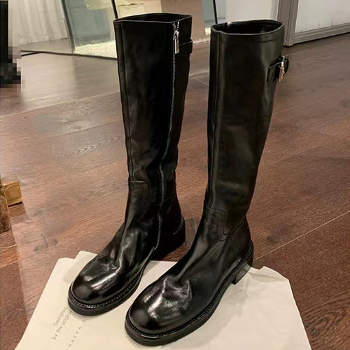Damen Überknie-Stiefel aus hochwertigem Leder mit robustem Reißverschluss und modischen Schnallen R&B