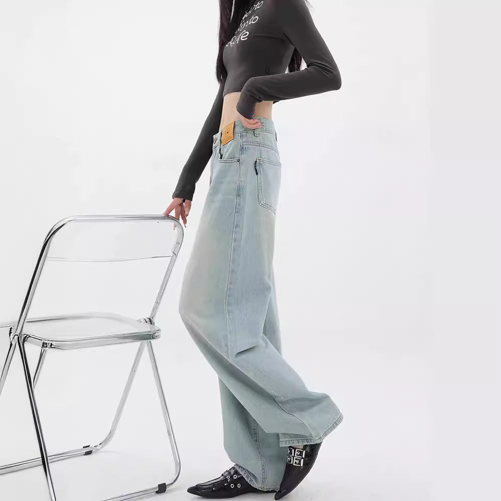 Damen Weit geschnittene Denim-Hose mit lässigem Design und hoher Taille R&B