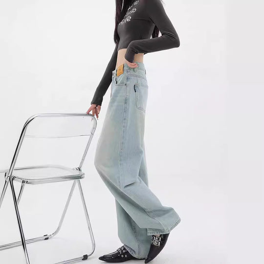 Damen Weit geschnittene Denim-Hose mit lässigem Design und hoher Taille R&B