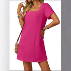 Damen Lässiges Sommerkleid mit Quadrat-Ausschnitt und praktischen Taschen R&B