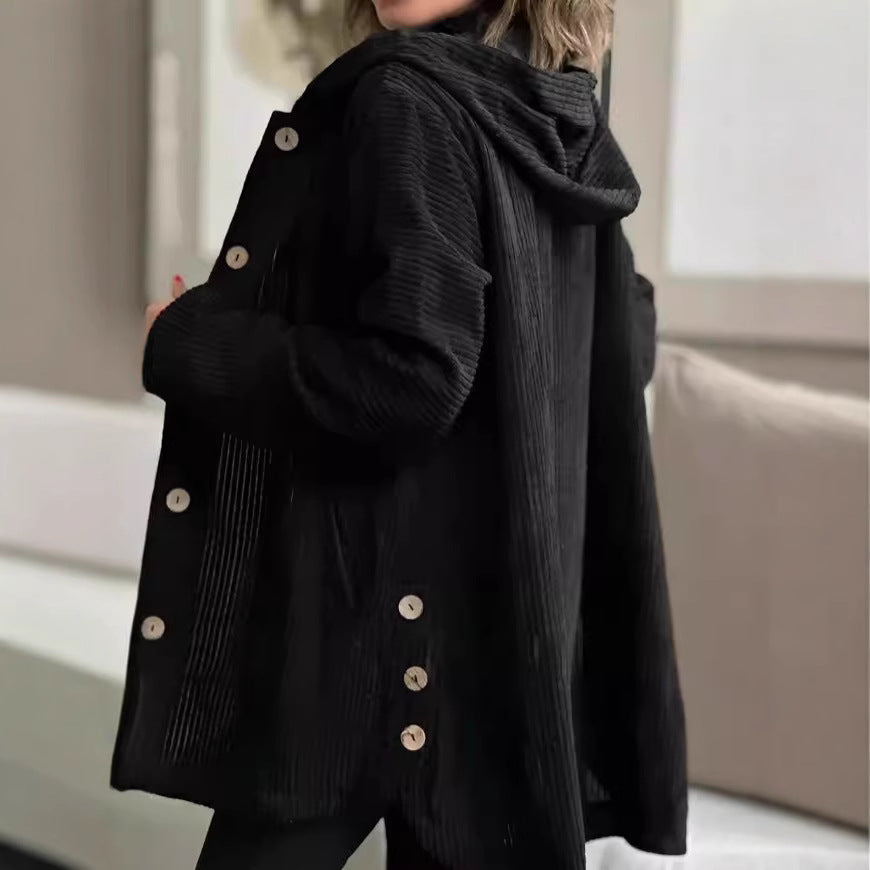 Damen lässige und gemütliche Cordjacke mit Kapuze R&B