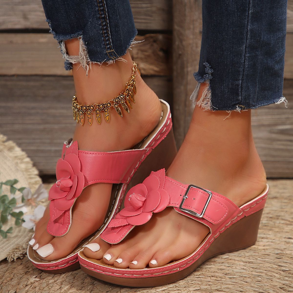 Damen Wedge-Sandalen mit modischem Blumenapplikations-Design R&B