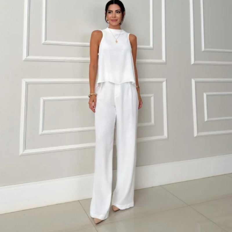 Damen elegantes Set aus lässigem Oberteil und hochsitztender Hose R&B