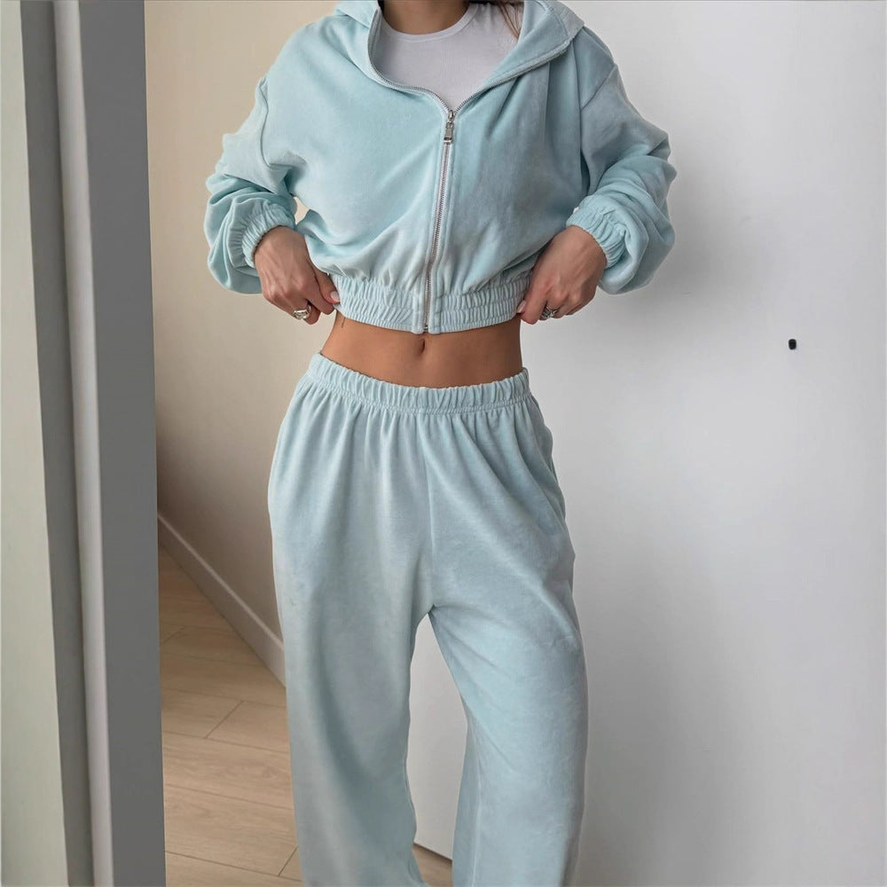 Damen sportliches Cropped-Set mit Kapuzenjacke und elastischer Jogginghose R&B